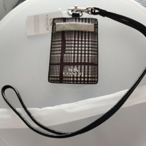 COACH LANYARD BROWNBLK/WHT GLEN-PLAID WITH SILVER HARDWARE. NEW WITH TAGS. - Picture 1 of 4